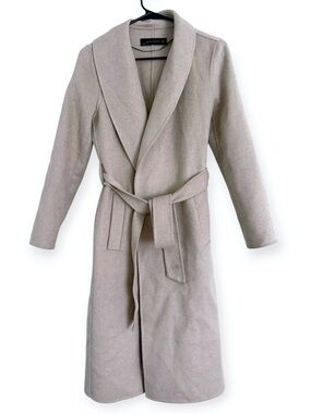 Zara Belted Wool Blend Taupe Nude Light Beige Coat Long Wrap Size S Quiet Lux